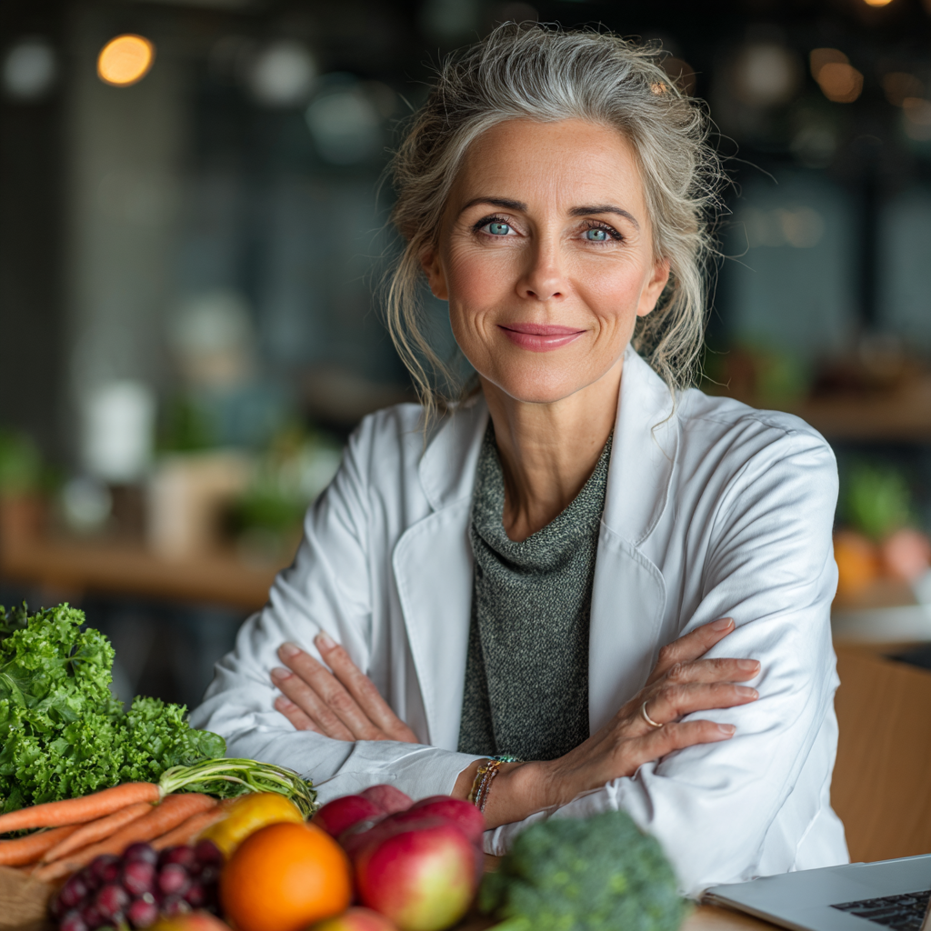 Professional nutritionist woman in her late 40s wearing white coat, sitting at modern office desk with healthy food samples, fresh vegetables and fruits arranged professionally, warm natural lighting, confident and approachable expression