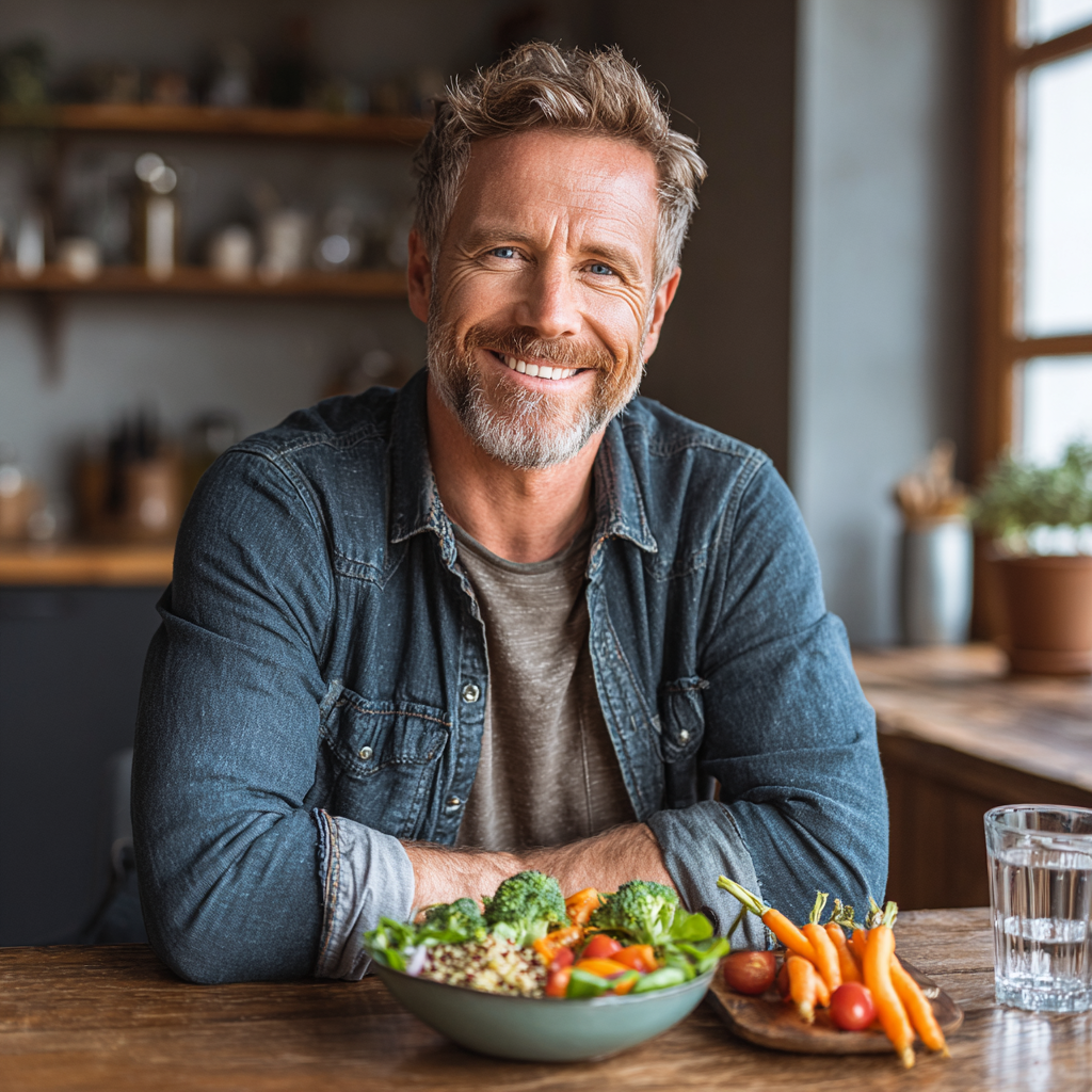 Smiling middle-aged man around 50 years old in casual clothing, sitting at kitchen table with healthy meal consisting of colorful vegetables, quinoa and lean protein, natural daylight from window, showing satisfaction and contentment with nutritious food